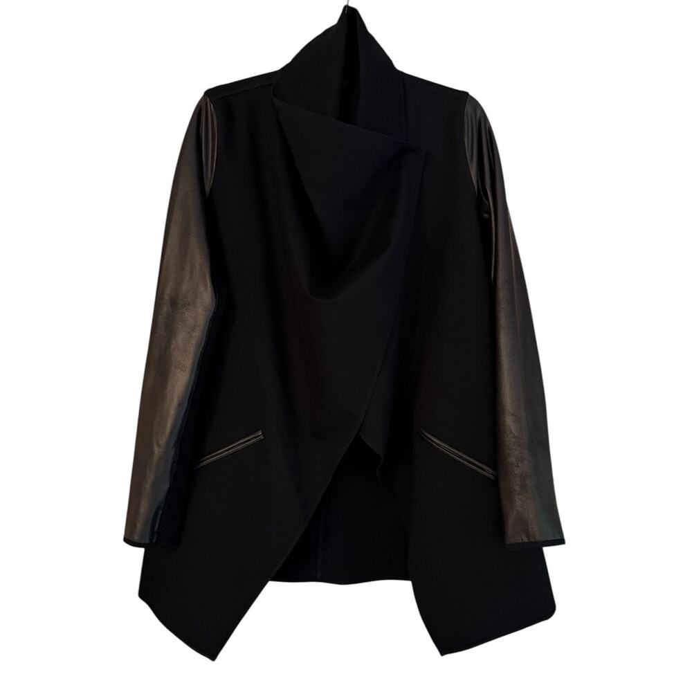 Spanx Drape Front Convertible Jacket Faux Leather Knit Blazer Black L - Picture 7 of 10
